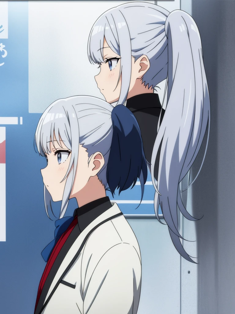 1girl, anime girl, silver hair, long twintails, silver eyes, dark blue school suit, anime movie poster, 3/4 side view