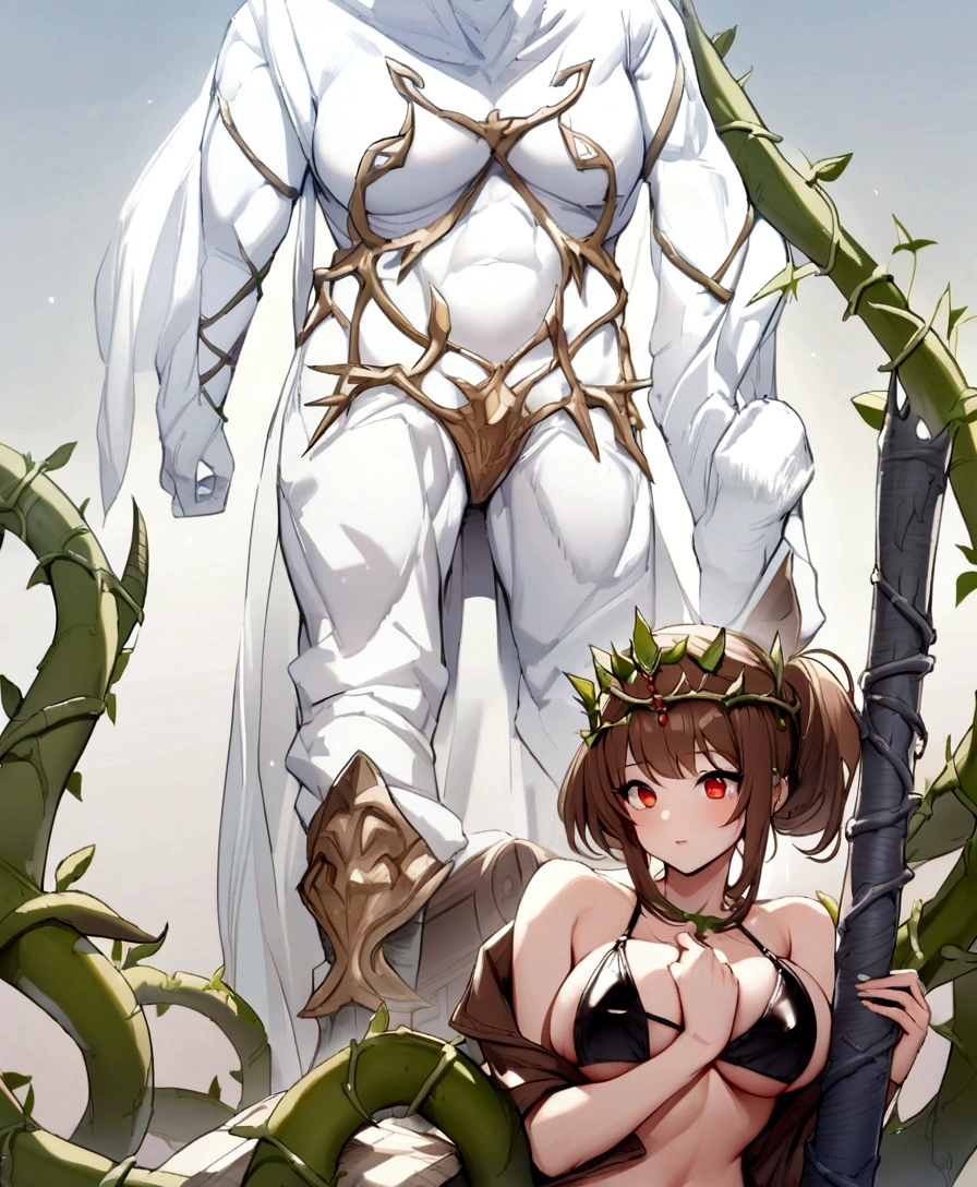 Leather bikini, vines crown, bare belly, big breasts, brown hair, red eyes, hunter
