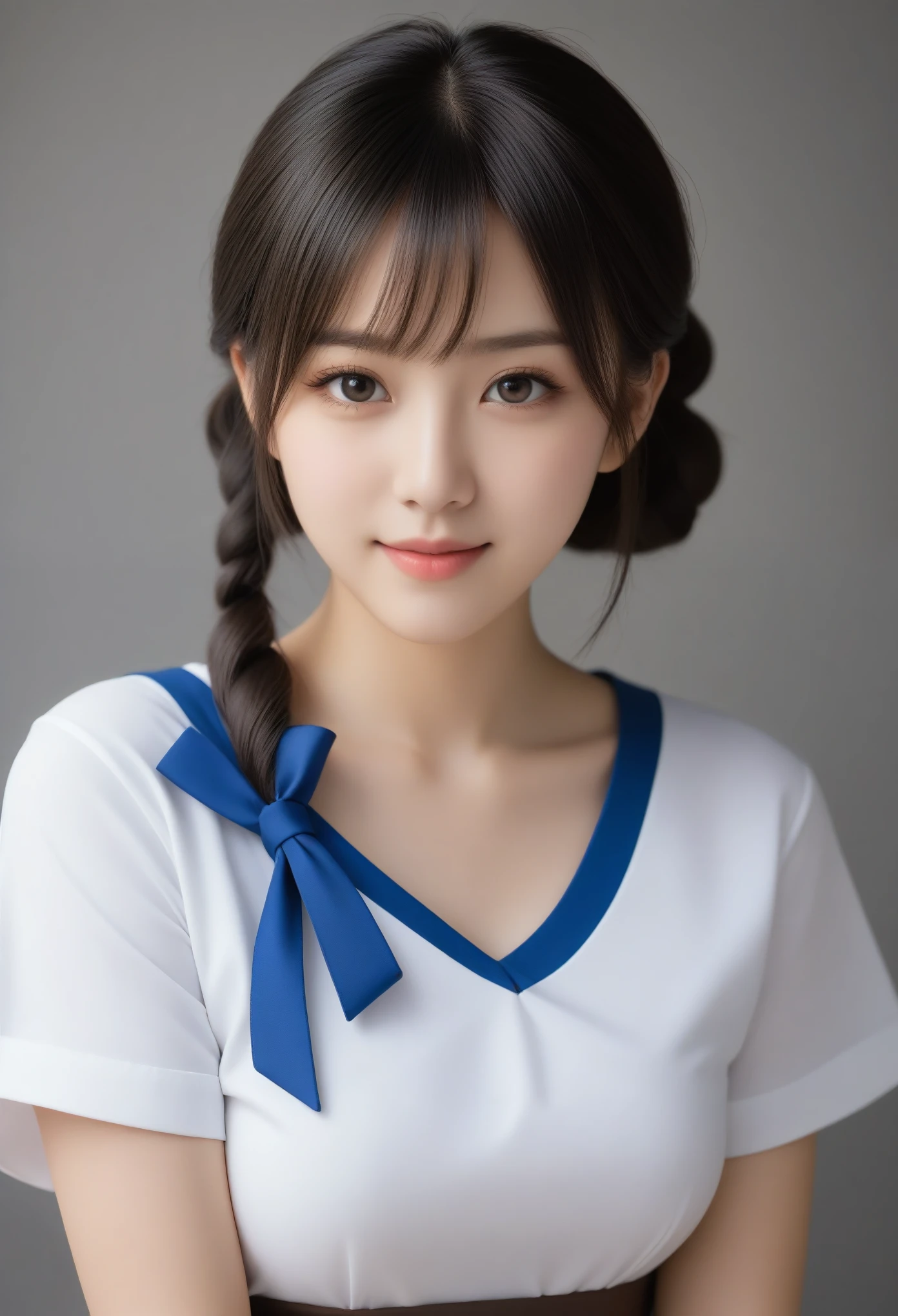 8K, Ultra-high resolution, Highest quality, masterpiece, 三分割法によるphotograph,Surreal, photograph, 1 Girl, (16 years old:1.3), pretty girl, Cute face, Beautiful eyes in every detail, 細かくdetailedに,masterpiece,, One Girl:1.2, Japan Female Announcer、Cowboy Shot、Double bun and short pigtails、(((Uniform 1.2))), From above,Refreshing sweat,Full of sex appeal,Sensual,A carefree smile,Heal the heart,Black Hair,Short Bob,Looking at the audience、beauty,Long neck、Laugh a little、Please close your mouth and laugh、(((Ideal body type))),A cup small breasts :2,、Portraiture:2、Perfect Anatomy、鮮明なdetailed、detailed、Surreal、Light and shadow,Strong light