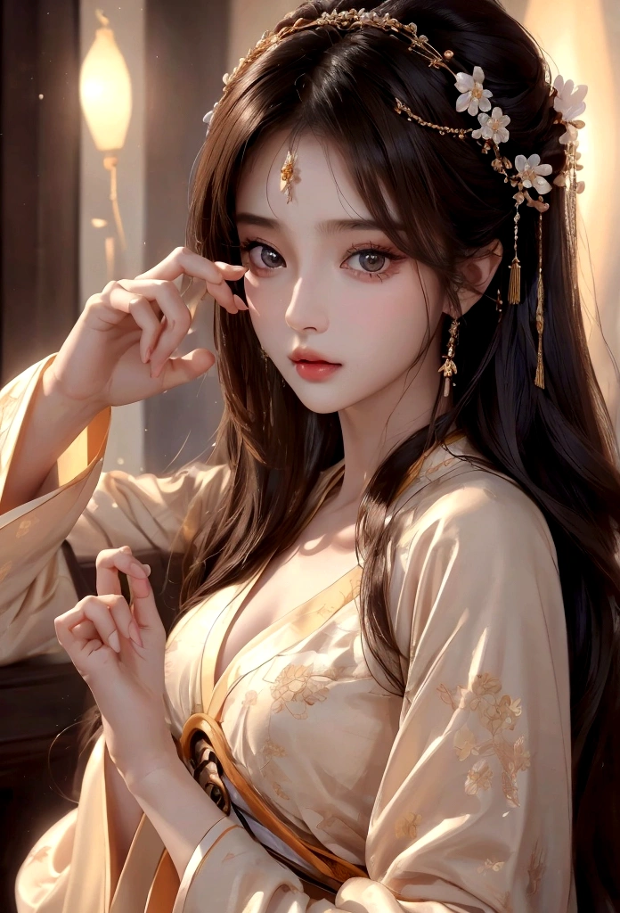 Best image quality、8K、masterpiece：1.3))、Realistic high-quality photos、Highest quality、 Beautiful face、Photos of slim models、Beautiful girl model、Young and pretty face、Beautiful model girl、A lovely and delicate face、Black Hair、Beautiful brown eyes、Young Body、Hanfu, (emphasize)、from the front、Camera gaze、Model pose、Five fingers、Perfect Fingers、1 thumb and 4 fingers