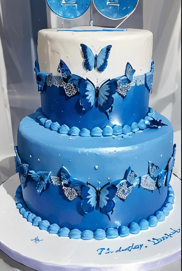 Two-piece Cinderella themed 15th birthday cakes in sky blue gradient decorated with silver and indigo blue butterflies