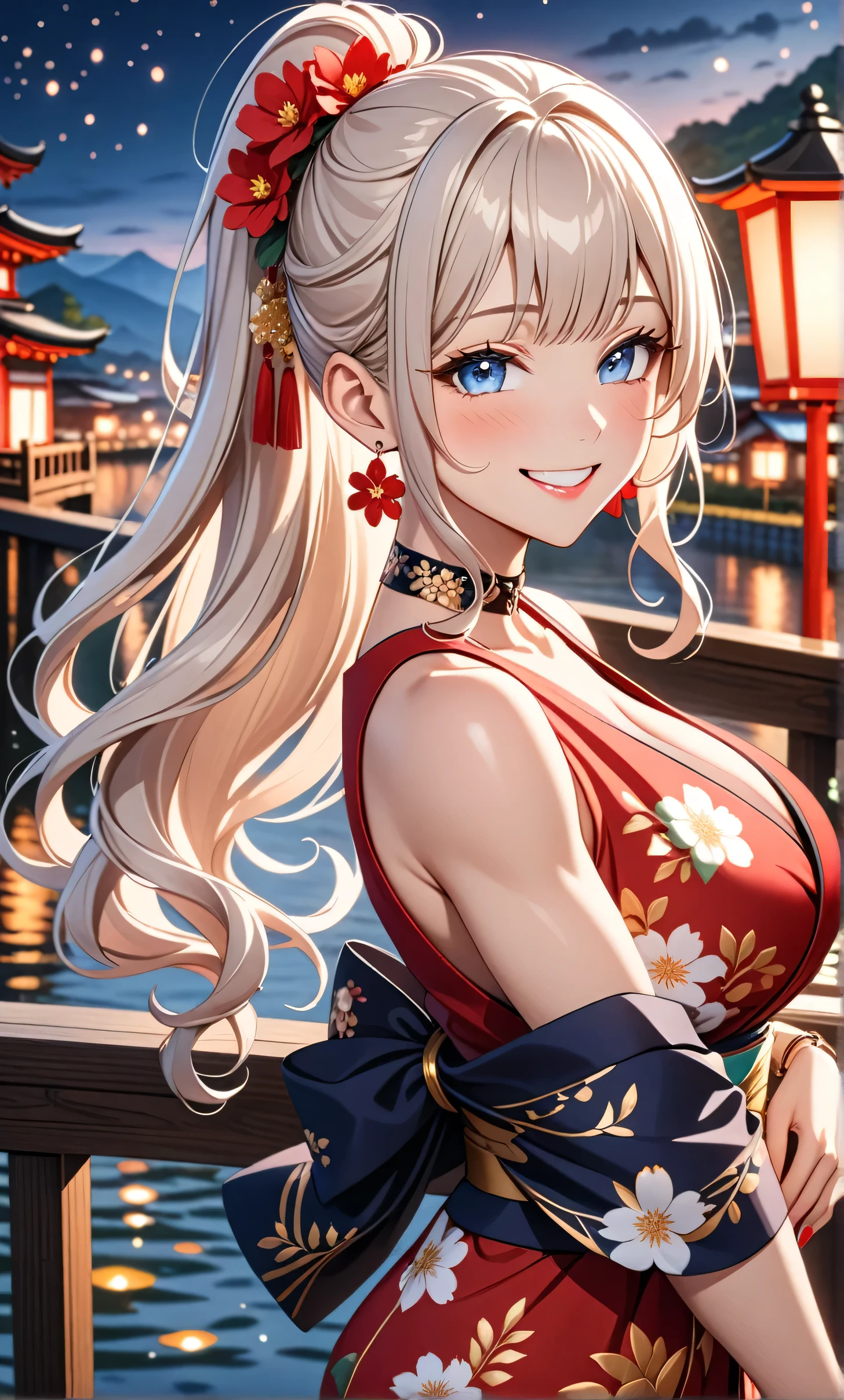 ultra-detailed, ((one girl)), ((a girl with white hair girl)), ((Headshot)), hyper detailed, absurdres, 8K, Beautiful Face, (Laugh shyly), ((teasing smile:1.8)), ((Wink:1.8)), (Laugh with your mouth wide open),((Tilt your head:1.1)), View your viewers, ((Bright red cheeks:1.6)),Glossy Red Lips, ((Big Breasts:1.5)), (valley),night, Riverside,On Bridge, firework, (Brighten your face), ((Anime style background)),masterpiece, Highest quality, so beautiful,Latest, Complex details, (Pink long nails), (nail art), (ring),(bracelet), (Floral Choker),AI-generated, Complex,High resolution, Highest quality, super high quality,3D Images、3D Images,One person,((White long hair)),(High Ponytail), (wavy hair:1.3), Fair-skinned anime woman posing for a photo, ((Fine grain、blue eyes、glowing eyes:1.4)), ((add white color to blue eyes)), (Squint your eyes:1.1),a hyperRealistic , hyperRealistic , Realistic, Anime woman with long white hair, Smooth anime CG art, A girl in a gorgeous kimono with gold embroidery, ((black furisode:1.3),(Red floral pattern) ,Long flower hair ornament,Floral Earrings,Mature Body, tall,Abdominal muscles,Tight waist,((arched back:2.0)), (front view),