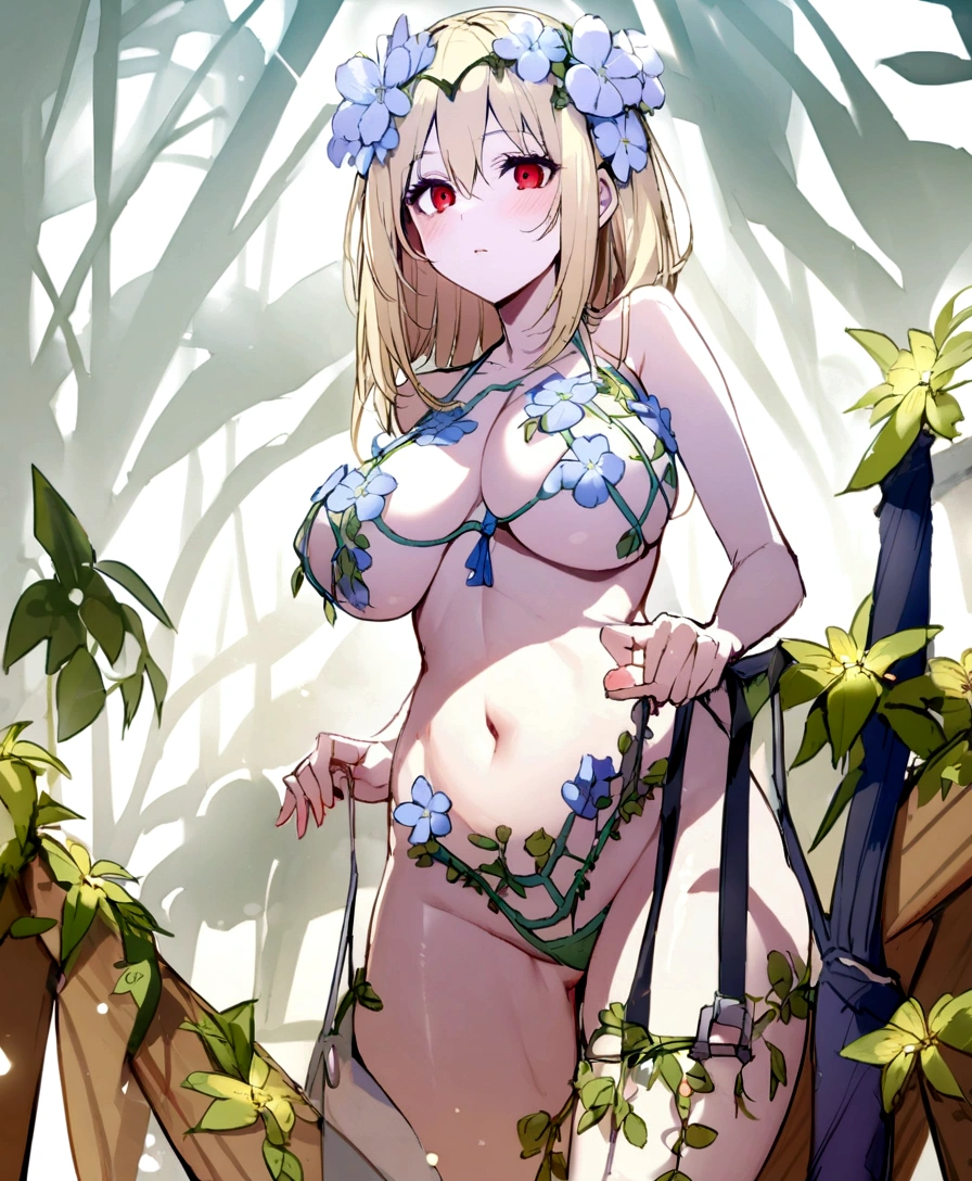 Plant bikini, flower crown, bare belly, big breasts, blond hair, red eyes