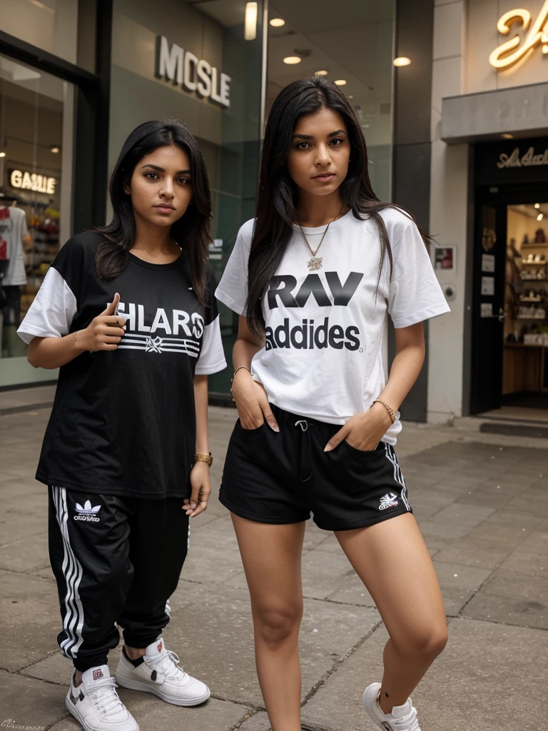 A indian gril black hair drees hip hop t shirt and long hip hop jens and adidas shoes at shoping mole in haydrabad