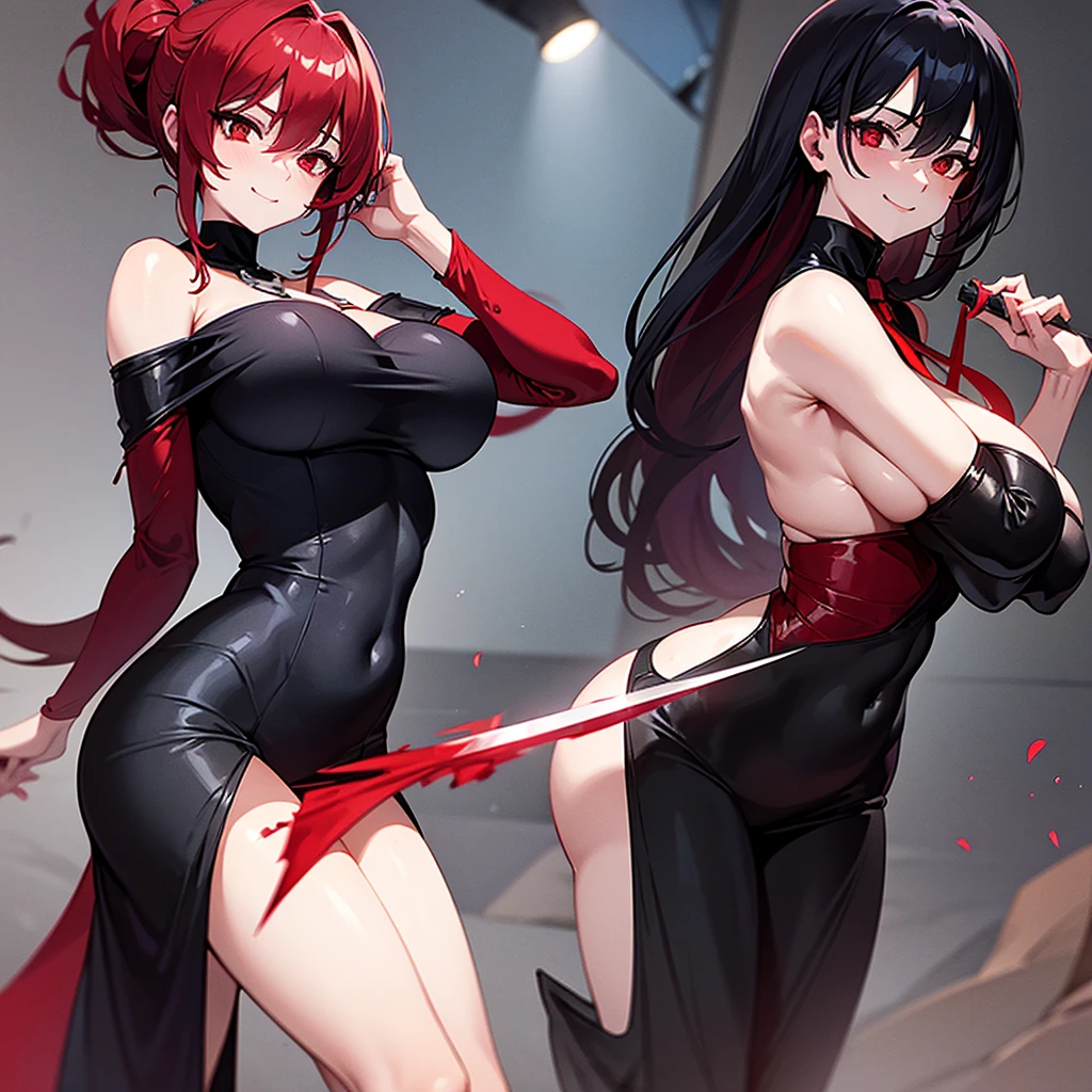 Womens (with big breasts) wears a cool, tight black and red dress, ties her hair up long, redwhite hair, red eyes, smiles crazy, and holds a knife., blood