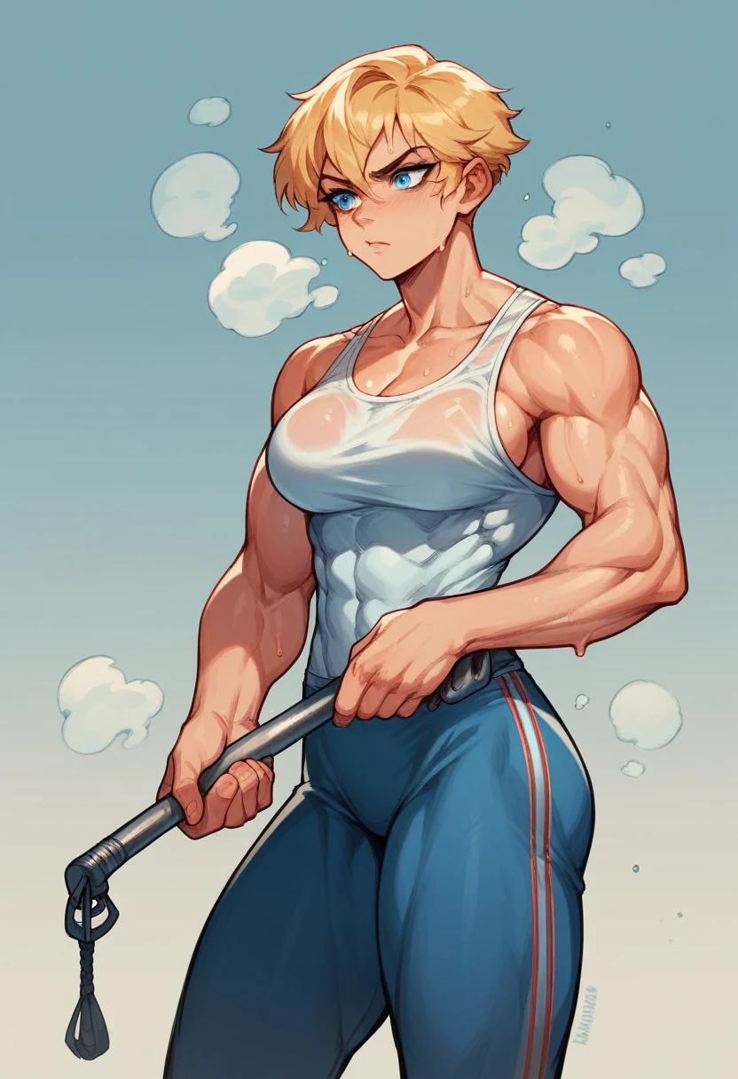 woman strong, musclegirl, blondie hair, blue colored eyes, Russian traits, holding a hatchet, wearing cold clothes