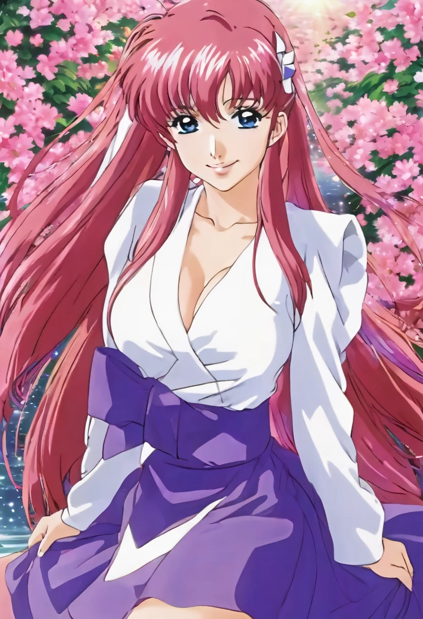 ((64k,Ultra-high resolution,Super best quality,masterpiece,Hyperrealistic,Young and adorable, beautiful, young, adorable,young woman,Full body photo,Full body angle,Whole Body Ezbian,)),GundamSEED,Lacus Clyne,Pink Hairの毛,Blue Eyes,Detailed eyes,Detailed skin,Detailed face,Shiny skin,Detailed Hair,White skin,Perfect lighting,Glossy Lips,京都animeーション, animeカラーリング ,Klein Lake,GundamSEED , Pink Hair, Straight hair,blue eyes , (((hair ornaments, White sleeves,豪華なWhite Dress, 豪華なPurple Skirt, 贅沢なLong skirt))),Very long hair, Bare shoulders, Star background,1980s \(style\),anime, Lacus 1, One girl, alone, hair ornaments, White sleeves, blue eyes, White Dress, Purple Skirt, Long skirt, Very long hair, Bare shoulders, Large Breasts, smile, Gundam, On the floor,retro artstyle,Water Lake,Swimsuit,Yukata,smile,Many beautiful flowers are blooming,In a dress