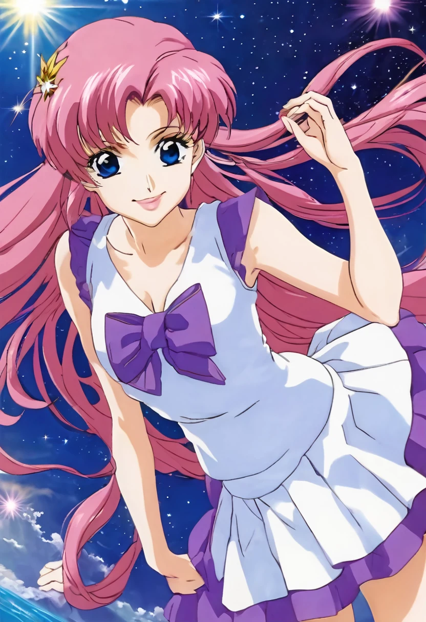 ((64k,Ultra-high resolution,Super best quality,masterpiece,Hyperrealistic,Young and adorable, beautiful, young, adorable,young woman,Full body photo,Full body angle,Whole Body Ezbian,)),GundamSEED,Lacus Clyne,Pink Hairの毛,Blue Eyes,Detailed eyes,Detailed skin,Detailed face,Shiny skin,Detailed Hair,White skin,Perfect lighting,Glossy Lips,京都animeーション, animeカラーリング ,Klein Lake,GundamSEED , Pink Hair, Straight hair,blue eyes , (((hair ornaments, White sleeves,豪華なWhite Dress, 豪華なPurple Skirt, 贅沢なLong skirt))),Very long hair, Bare shoulders, Star background,1980s \(style\),anime, Lacus 1, One girl, alone, hair ornaments, White sleeves, blue eyes, White Dress, Purple Skirt, Long skirt, Very long hair, Bare shoulders, Large Breasts, smile, Gundam, On the floor,retro artstyle,Water Lake,Swimsuit,Yukata,smile,Many beautiful flowers are blooming,In a dress
