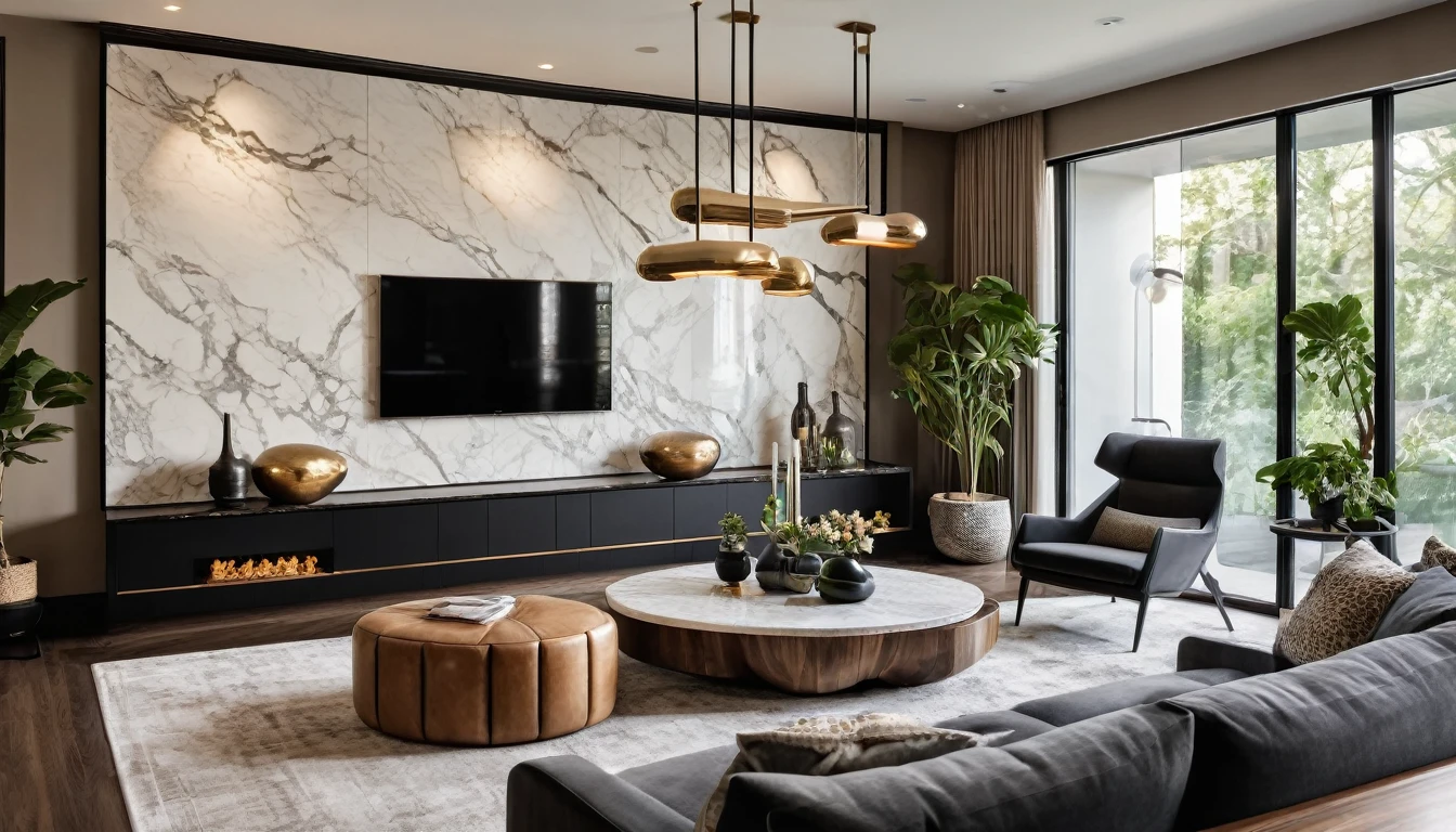 Close-ups shot corner of A luxurious living room featuring a modern design with high-end materials. The space showcases a harmonious blend of dark tones including matte black, grey, and natural wood. The centerpiece is a set of sophisticated modern chairs and a marble coffee table, paired with a stylish sectional sofa. Artistic pendant lights hang from the ceiling, casting a warm, inviting glow that enhances the room's ambiance. Decorative elements include a small indoor garden with greenery and decorative stones, and walls adorned with marble and wood paneling. The use of metal accents adds a contemporary touch. A sleek cabinetry wall and a glass display add sophistication to the space. The room layout is open and spacious, creating a seamless flow between different functional areas. The composition camera follows the golden ratio, with a focus on depth and detail, perfect for creating high-quality, cinematic images. The overall atmosphere is luxurious, warm, and inviting, with a perfect balance of modern elegance and natural elements. 8k resolution, UHD, high-quality detail, depth of field (dof) effect, cinematic standards, luxurious materials, modern design, artistic lighting, natural greenery, sophisticated color palette.