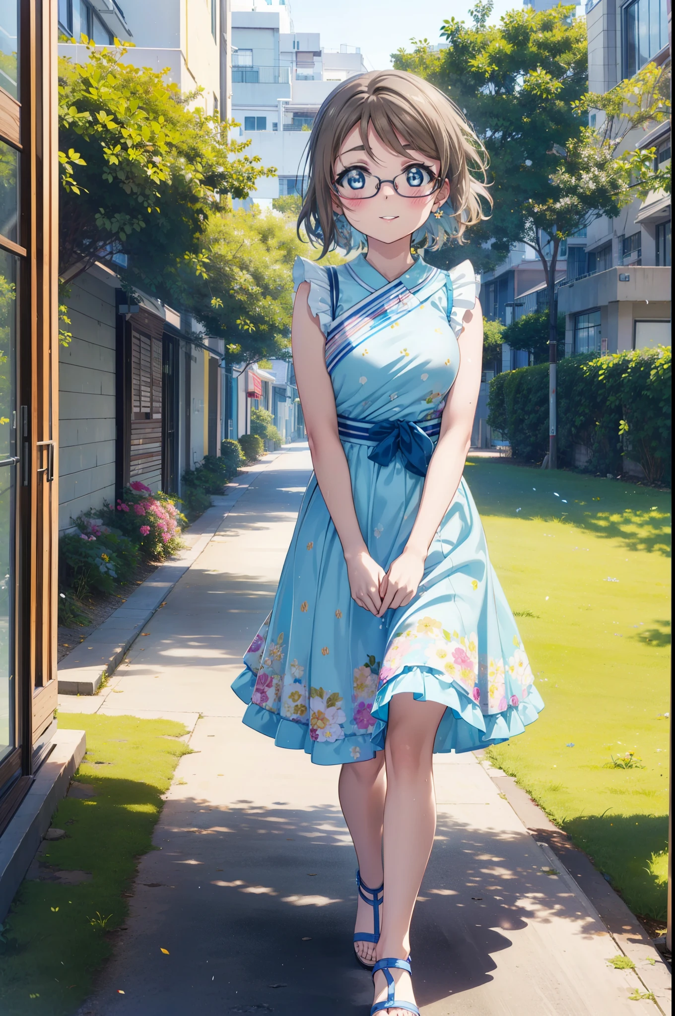 Yo Watanabe, Watanabe Yo, short hair, blue eyes, Brown Hair, smile, blush,Open your mouth,Flower Hair Ornaments,Black-rimmed glasses,Light blue sleeveless dress,Long skirt,Cute heeled sandals,Walking,Daytime,Clear skies,whole bodyがイラストに入るように
break outdoors, Coastal Road,Building district,
break looking at viewer, whole body,
break (masterpiece:1.2), Highest quality, High resolution, unity 8k wallpaper, (figure:0.8), (Beautiful attention to detail:1.6), Highly detailed face, Perfect lighting, Highly detailed CG, (Perfect hands, Perfect Anatomy),