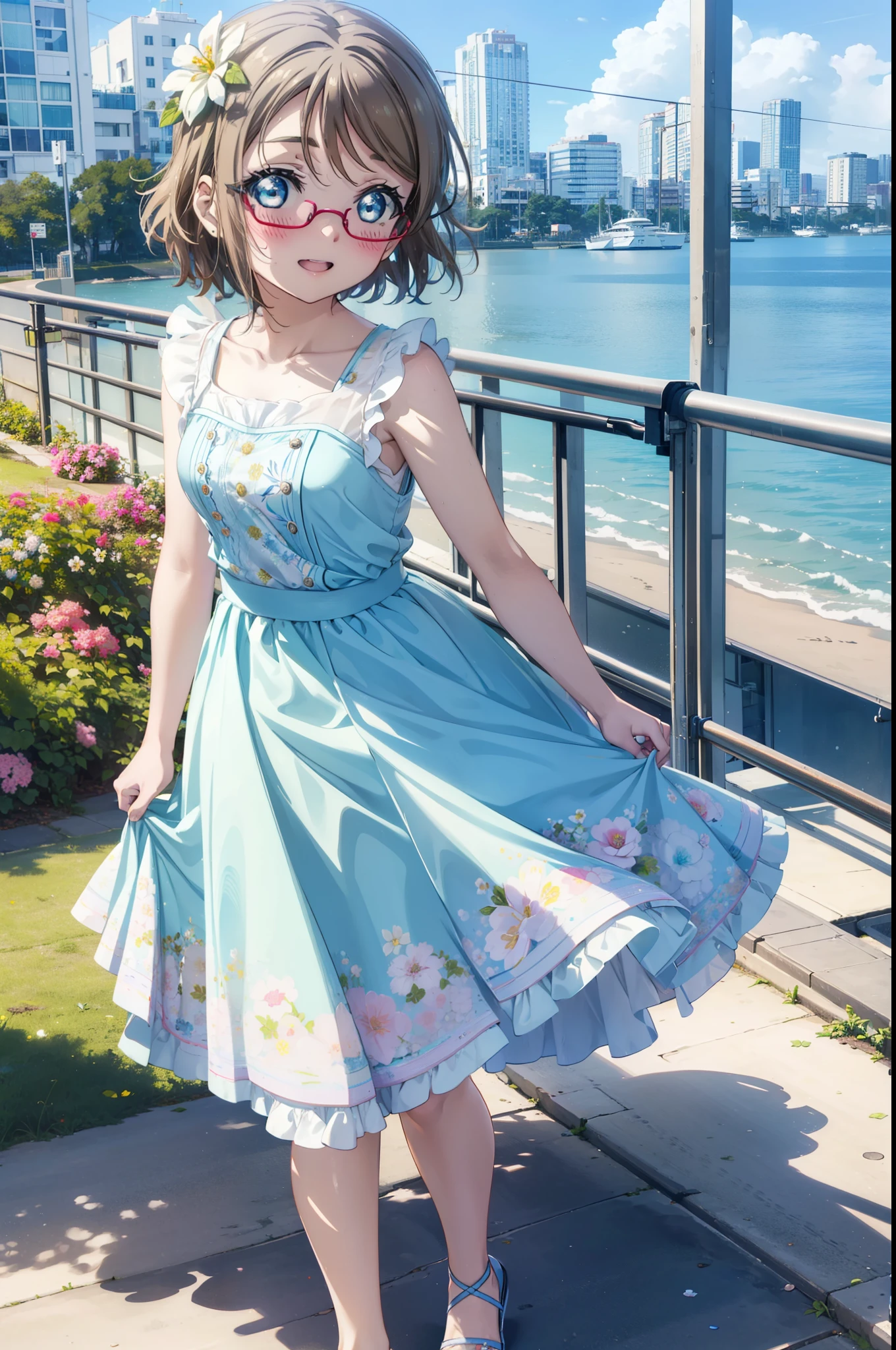 Yo Watanabe, Watanabe Yo, short hair, blue eyes, Brown Hair, smile, blush,Open your mouth,Flower Hair Ornaments,Black-rimmed glasses,Light blue sleeveless dress,Long skirt,Cute heeled sandals,Walking,Daytime,Clear skies,whole bodyがイラストに入るように
break outdoors, Coastal Road,Building district,
break looking at viewer, whole body,
break (masterpiece:1.2), Highest quality, High resolution, unity 8k wallpaper, (figure:0.8), (Beautiful attention to detail:1.6), Highly detailed face, Perfect lighting, Highly detailed CG, (Perfect hands, Perfect Anatomy),