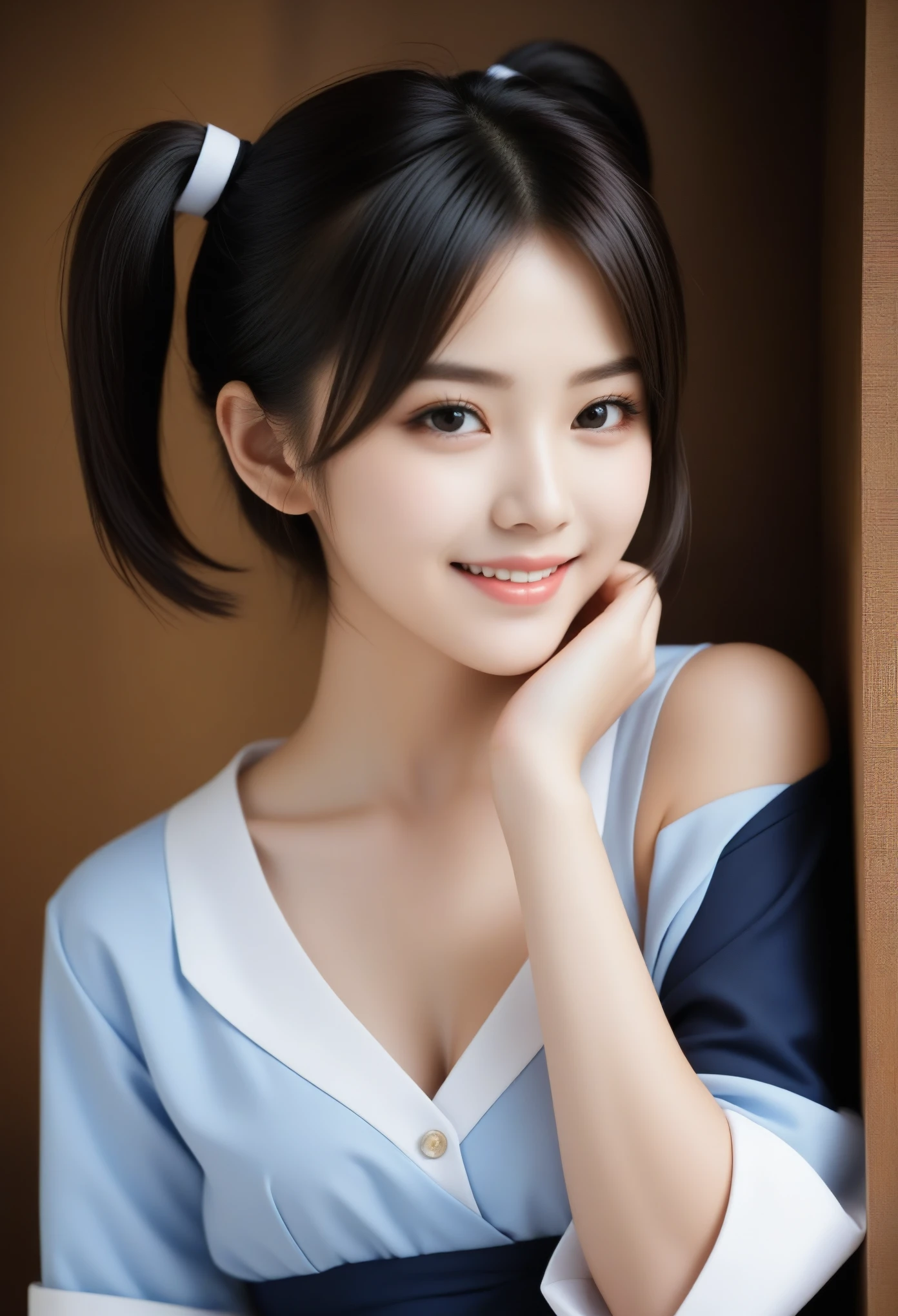 8K, Ultra-high resolution, Highest quality, masterpiece, 三分割法によるphotograph,Surreal, photograph, 1 Girl, (16 years old:1.3), pretty girl, Cute face, Beautiful eyes in every detail, 細かくdetailedに,masterpiece,, One Girl:1.2, Japan Female Announcer、Cowboy Shot、Double bun and short pigtails、(((Uniform 1.2))), From above,Refreshing sweat,Full of sex appeal,Sensual,A carefree smile,Heal the heart,Black Hair,Short Bob,Looking at the audience、beauty,Long neck、Laugh a little、Please close your mouth and laugh、(((Ideal body type))),A cup small breasts :2,、Portraiture:2、Perfect Anatomy、鮮明なdetailed、detailed、Surreal、Light and shadow,Strong light