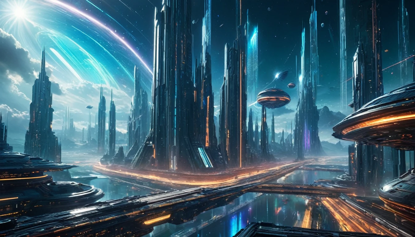 (highres,masterpiece:1.2), sci-fi movie scene, futuristic movie visuals, stunning special effects, immersive atmosphere, cinematic impact, vibrant colors, dramatic lighting, surreal landscapes, intricate details, futuristic technology, advanced visual effects, monumental architecture, breathtaking vistas, otherworldly creatures, epic battles, mind-bending aesthetics, futuristic cityscapes, interstellar travel, spaceships soaring through nebulas, celestial bodies, holographic interfaces, laser beams, glowing neon signs, cybernetic enhancements, dystopian elements, post-apocalyptic settings, time travel, parallel dimensions, awe-inspiring moments, suspenseful storytelling