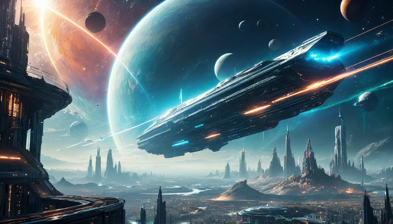 (highres,masterpiece:1.2), sci-fi movie scene, futuristic movie visuals, stunning special effects, immersive atmosphere, cinematic impact, vibrant colors, dramatic lighting, surreal landscapes, intricate details, futuristic technology, advanced visual effects, monumental architecture, breathtaking vistas, otherworldly creatures, epic battles, mind-bending aesthetics, futuristic cityscapes, interstellar travel, spaceships soaring through nebulas, celestial bodies, holographic interfaces, laser beams, glowing neon signs, cybernetic enhancements, dystopian elements, post-apocalyptic settings, time travel, parallel dimensions, awe-inspiring moments, suspenseful storytelling
