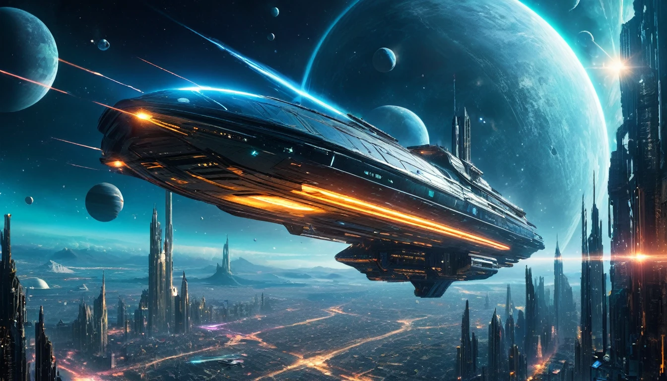 (highres,masterpiece:1.2), sci-fi movie scene, futuristic movie visuals, stunning special effects, immersive atmosphere, cinematic impact, vibrant colors, dramatic lighting, surreal landscapes, intricate details, futuristic technology, advanced visual effects, monumental architecture, breathtaking vistas, otherworldly creatures, epic battles, mind-bending aesthetics, futuristic cityscapes, interstellar travel, spaceships soaring through nebulas, celestial bodies, holographic interfaces, laser beams, glowing neon signs, cybernetic enhancements, dystopian elements, post-apocalyptic settings, time travel, parallel dimensions, awe-inspiring moments, suspenseful storytelling