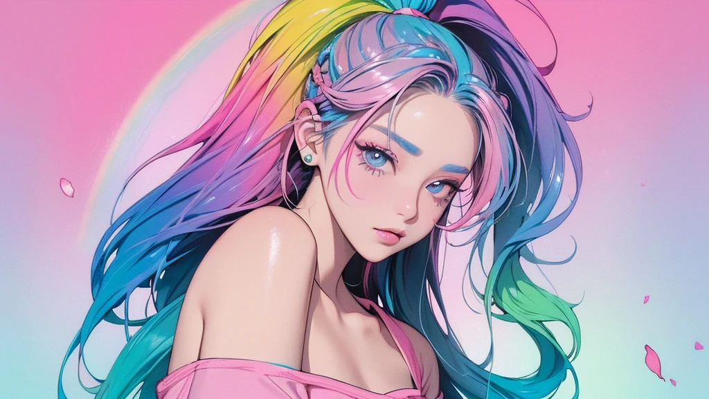 (Pink Fashion T-Shirt: 1.9), (colorfulな髪: 1.8), (All the colors of the rainbow: 1.8), (((Vertical painting: 1.6))), (painting: 1.6), front, manga, figure, painting, Big eyes, Crystal Clear, (Rainbow gradient high ponytail: 1.7), Delicate makeup, shut up, (Small freshness: 1.5), (Bandeau: 1.6), Long eyelashes, White off-shoulder T-shirt, White shoulder shirt, Looking at the audience, Big teary eyes, (Rainbow Hair: 1.6), カラーsplash, (alone:1.8), カラーsplash, An explosion of colors, カラーsplash, An explosion of colors, 厚漆Wind, Messy Lines, ((The Shining)), (colorful), (colorful), (colorful), colorful, Thick paint Style, (splash) (Color splash), Vertical painting, Upper Body, paint splash, Acrylic Pigments, Slope, paint, Best image quality, masterpiece, alone, Depth of written boundary, Face paint, colorful clothes, (grace: 1.2), nice, Long Hair, Wind, (grace: 1.3), (petal: 1.4), ((masterpiece))), ((Highest quality))), (Super detailed), (figure), (Dynamic Angle), (floating), (paint), ((Hair loss)), (alone), (One girl), ( ( ( Detailed anima face))), (( Beautifully detailed face)), collar, Exposed shoulders, Gray Hair, ((Colored Hair)), ((Striped Hair)), Beautiful attention to detail, (Gradient Eye), (Colored eyes))), (Colored Background))), (High saturation))), ((surrounded by colorful splashes))),