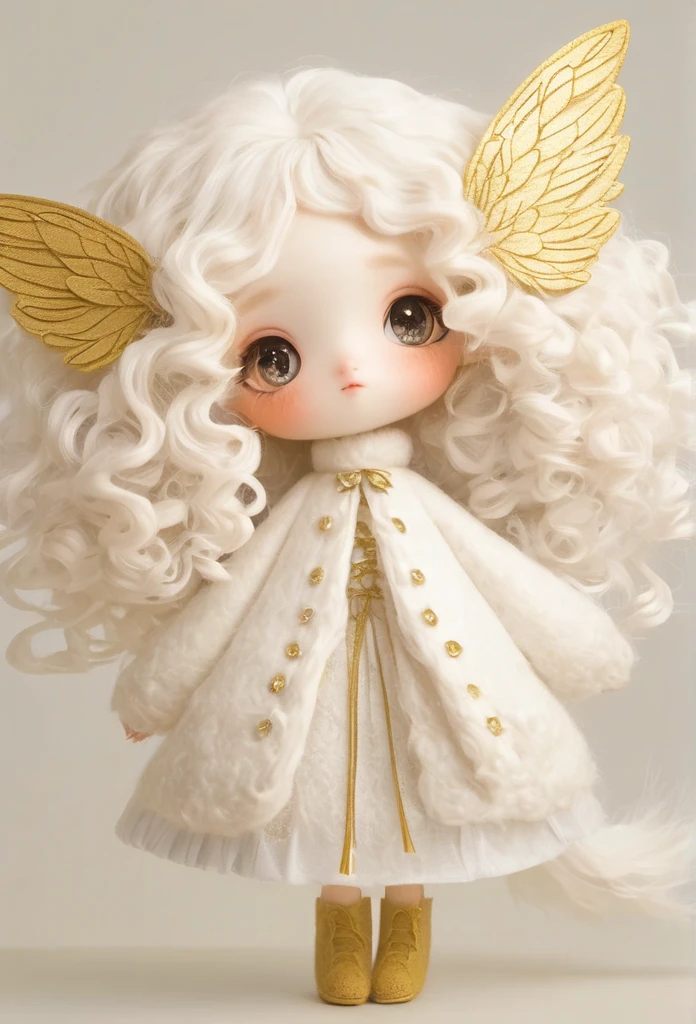 (masterpiece, best quality:1.2), 1 faerie Girl, beuty golden wings in back, Solitary, big eyes,White curly hair,Felt clothing