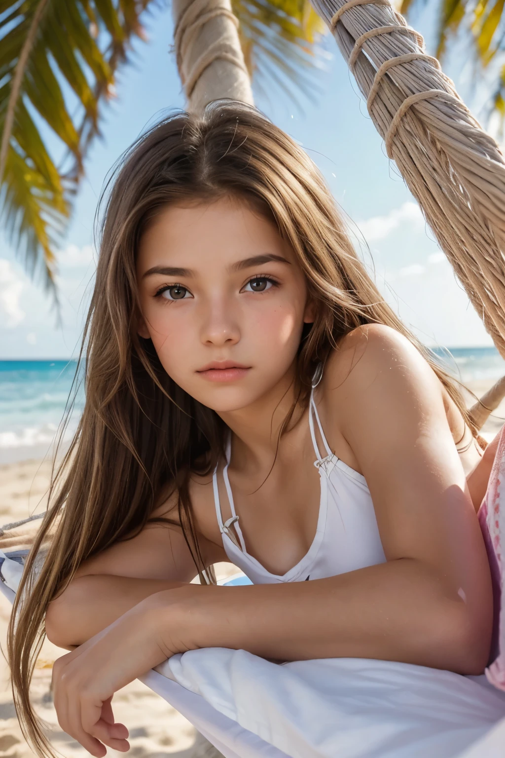 13 year old, pretty girl sleeping on the beach in a hammock, brunette long hair in ponytail , wince, long eyelashes, solid circle eyes, shiny clothes,