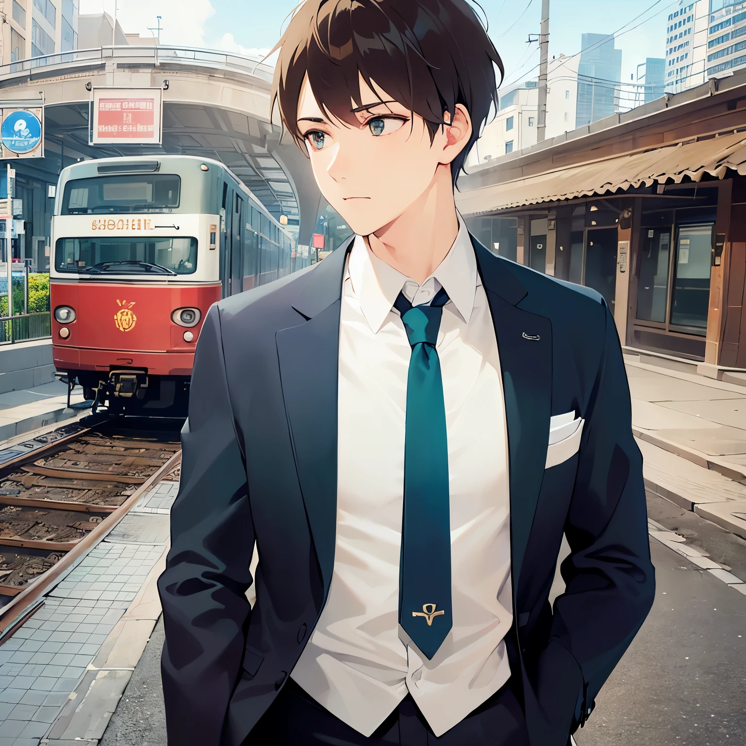 upper body、shiny skin, side angle, (looking away:1.5)、masterpiece、Highest quality、(25-year-old male:1.5) and (Brown short hair) and (Green Eyes), (Wearing a suit:1.3) and (Blue tie)、Are standing、(sad:1.3)、open mouth, The background is a train station platform.、(Alone:1.5)、Upper body is shown、