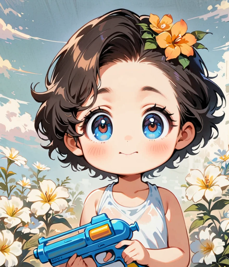 ２０代のolder sister、Draw a rainbow with a blue sky background、Short black hair、older sister、Play with a water gun、Gardenia flowers、large white flowers、Cartoon style character design，1 Girl, alone，Big eyes，Cute expression，Tank top、interesting，interesting，Clean Lines