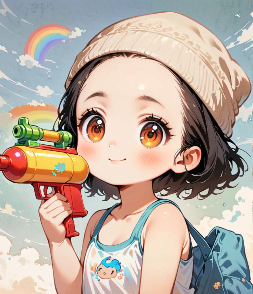20代のolder sister、Draw a rainbow with a blue sky background、Short black hair、older sister、Play with a water 、Gardenia flowers、large white flowers、Cartoon style character design,1 Girl, alone,Big eyes,Cute expression,Tank top、interesting,interesting,Clean Lines