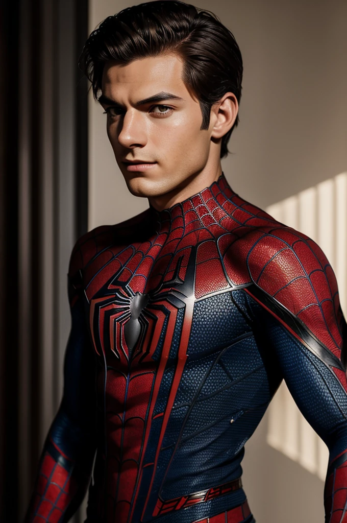Photo of spider man, no mask, 20s, handsome, detailed face, looking at camera, Portrait, 8k uh, High quality