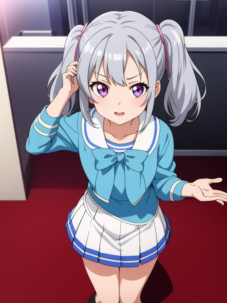 1girl, anime girl, silver hair, long twintails, silver eyes, school idol club