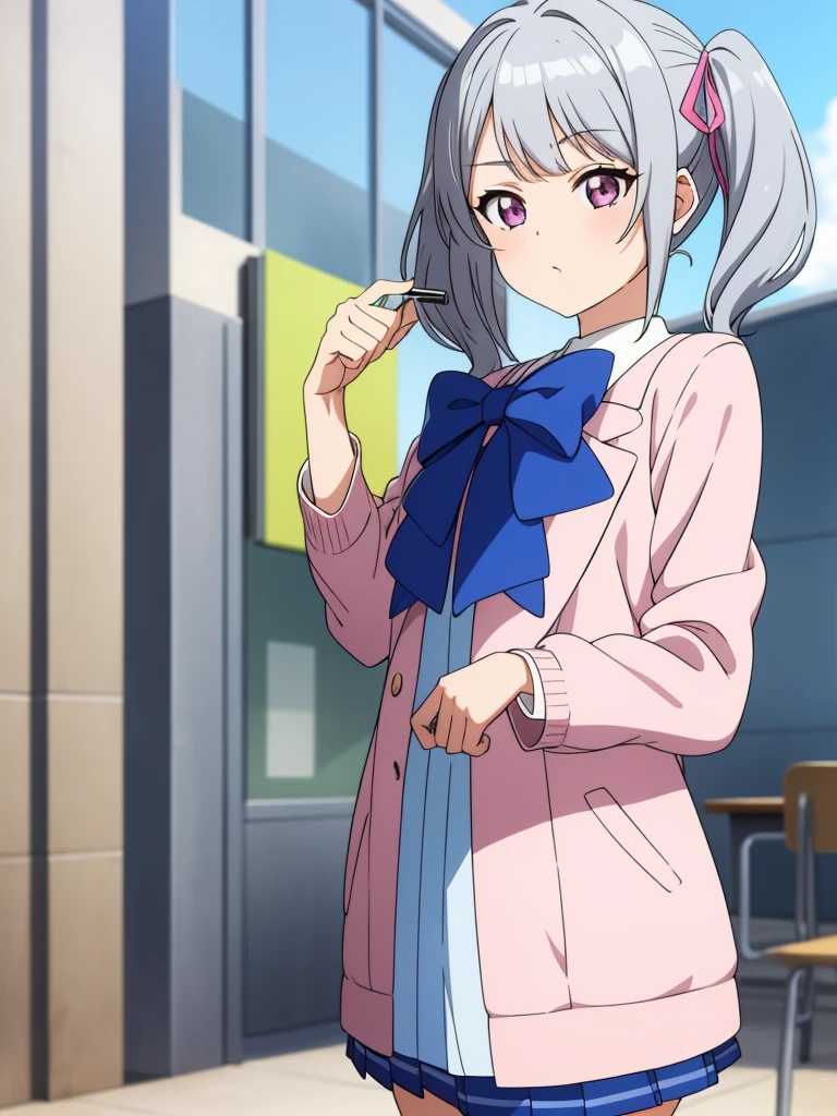 1girl, anime girl, silver hair, long twintails, silver eyes, school idol club