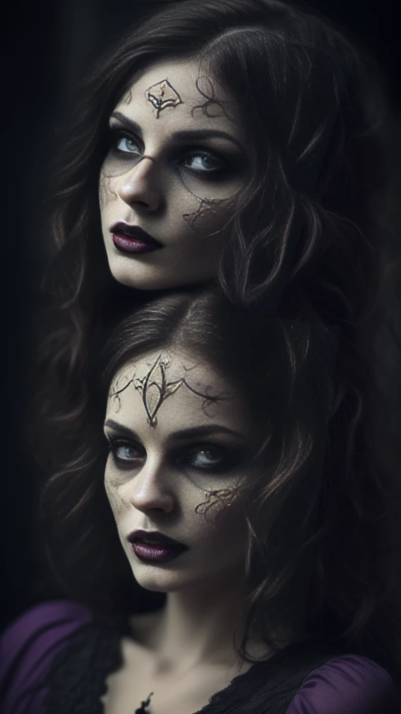 (gothic,pale,beautiful,serious)girl with (vibrant,purple), (piercing,deep)eyes filled with (dark,haunting)desire and (mysterious,unyielding)resolve. The (hauntingly,ethereal)atmosphere is (filled,tinged)with (subtle-melancholic-gothic)colors, as the (faint,flickering)candlelight (gently)dances upon the (damp,cobblestone)pavement. The (detailed,ornate)skull is adorned with (intricate,elaborate)carvings, its (empty,hollow)eye sockets (shining,glowing)with a (mystical,otherworldly)light. The girl's (ivory,pale)skin contrasts against the (deep,rich)colors of her (elegant,fitted)black dress, (accentuating,enhancing)her (graceful,elegant)silhouette The scene exudes a sense of (dark,romantic)intimacy and (eternal,endless)love, creating a captivating blend of beauty and darkness. The (highly-realistic,detailed)artwork awakens a mix of emotions, inviting viewers to explore the (deep,dark)depths of the human psyche. The (best quality,high-res)(4k,masterpiece:1.2) image captures every (intricate,subtle)detail, immersing the audience in this (gothic)moment in time.