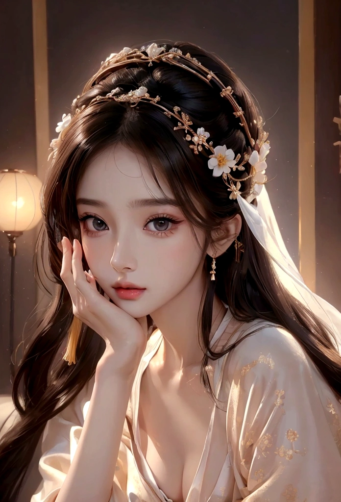 Best image quality、8K、masterpiece:1.3))、Realistic high-quality photos、Highest quality、 Beautiful face、Photos of slim models、Beautiful girl model、Young and pretty face、Beautiful model girl、A lovely and delicate face、Black Hair、Beautiful brown eyes、Young Body、Hanfu, (emphasize)、from the front、Camera gaze、Model pose、Five fingers、Perfect Fingers