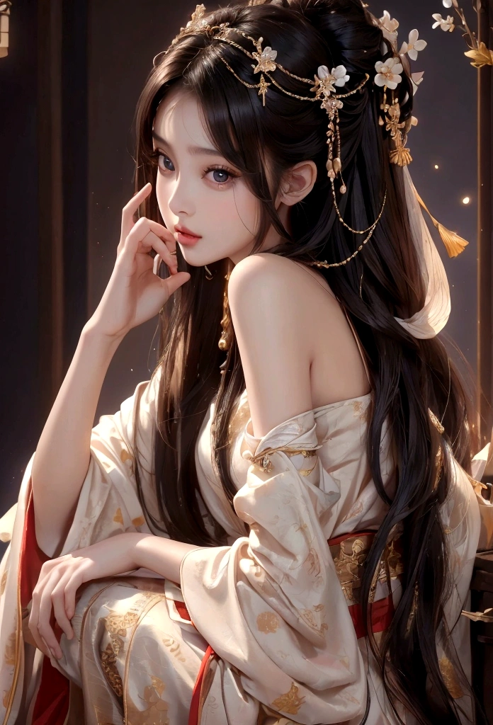 Best image quality、8K、masterpiece：1.3))、Realistic high-quality photos、Highest quality、 Beautiful face、Photos of slim models、Beautiful girl model、Young and pretty face、Beautiful model girl、A lovely and delicate face、Black Hair、Beautiful brown eyes、Young Body、Hanfu, (emphasize)、from the front、Camera gaze、Model pose、Five fingers、Perfect Fingers