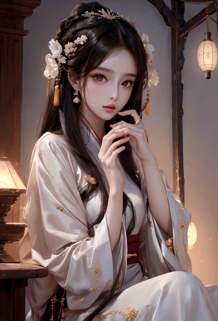 Best image quality、8K、masterpiece:1.3))、Realistic high-quality photos、Highest quality、 Beautiful face、Photos of slim models、Beautiful girl model、Young and pretty face、Beautiful model girl、A lovely and delicate face、Black Hair、Beautiful brown eyes、Young Body、Hanfu, (emphasize)、from the front、Camera gaze、Model pose、Five fingers、Perfect Fingers