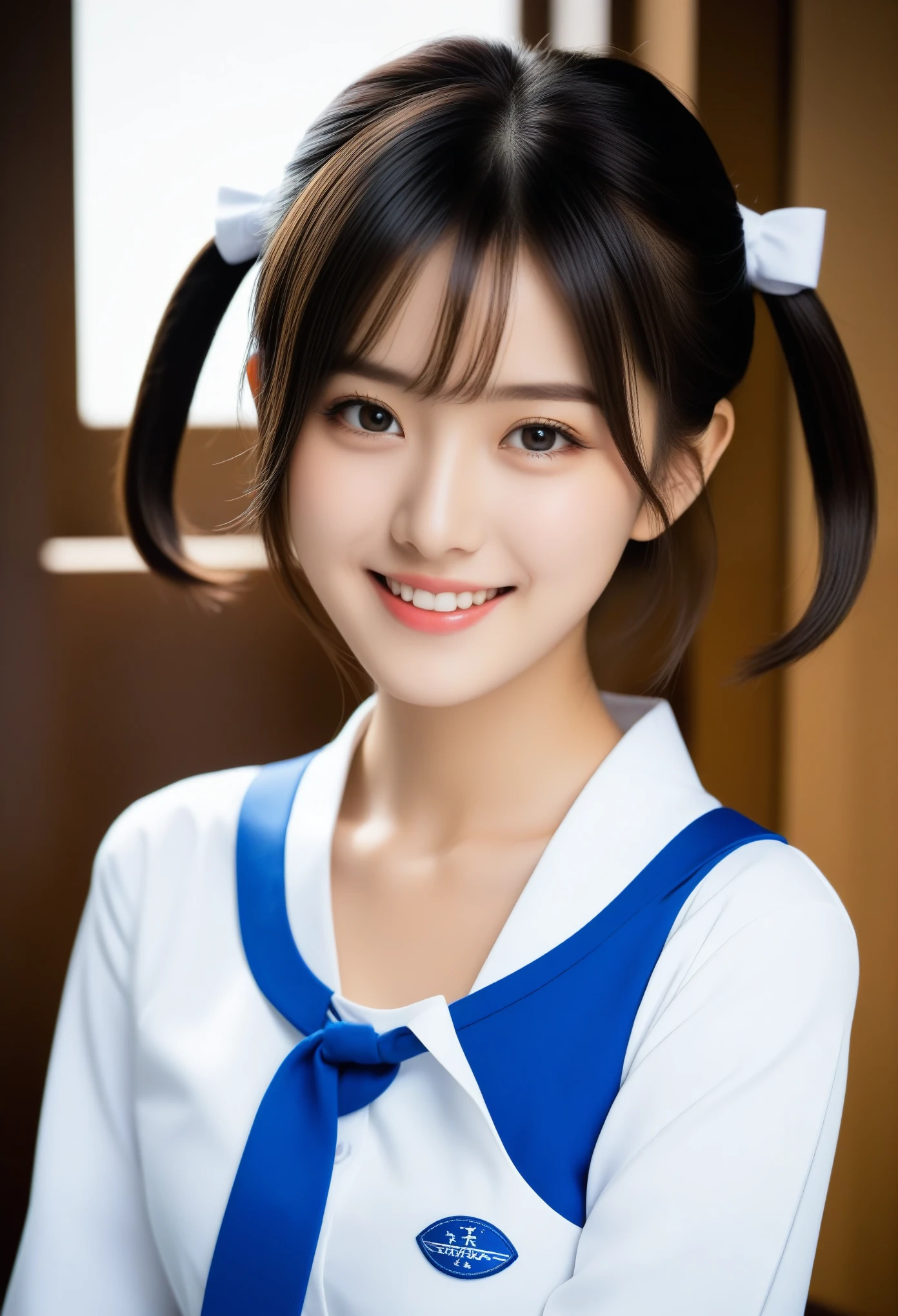 8K, Ultra-high resolution, Highest quality, masterpiece, 三分割法によるphotograph,Surreal, photograph, 1 Girl, (:1.3), pretty girl, Cute face, Beautiful eyes in every detail, 細かくdetailedに,masterpiece,, One Girl:1.2, Japan Female Announcer、Cowboy Shot、Double bun and short pigtails、(((Uniform 1.2))), From above,Refreshing sweat,Full of sex appeal,Sensual,A carefree smile,Heal the heart,Black Hair,Short Bob,Looking at the audience、beauty,Long neck、Laugh a little、Please close your mouth and laugh、(((Ideal body type))),A cup small breasts :2,、Portraiture:2、Perfect Anatomy、鮮明なdetailed、detailed、Surreal、Light and shadow,Strong light