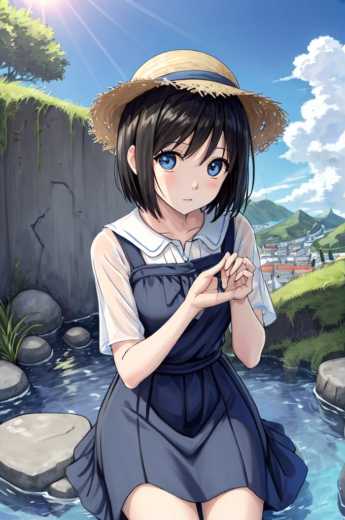 (masterpiece)、Highest quality、Ultra-high resolution、in front_Misaki、Short Hair、cute、Black long dress、Cobblestone Street、Lonely face、blue sea、Beautiful Landscape、Straw hat、View your viewers、Wave one hand、The blazing sun、beautiful girl、Blue sky、Blue Water、Hollow Eyes、Clear water、Coca-Cola plastic bottles、Beautiful Landscape、White House、、Sitting、