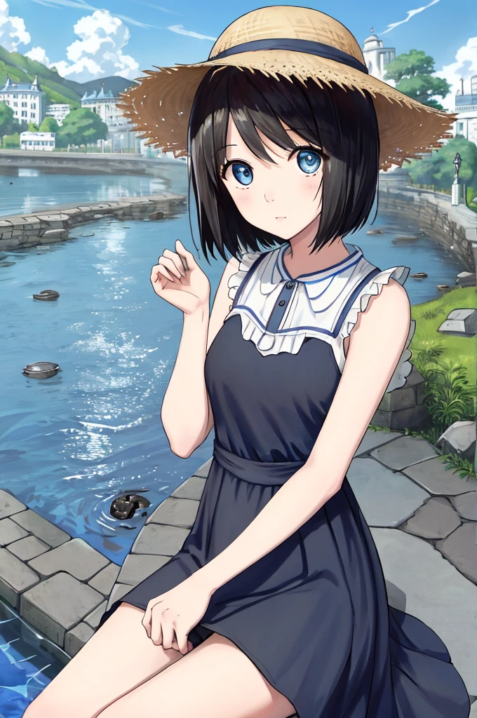 (masterpiece)、Highest quality、Ultra-high resolution、in front_Misaki、Short Hair、cute、Black long dress、Cobblestone Street、Lonely face、blue sea、Beautiful Landscape、Straw hat、View your viewers、Wave one hand、The blazing sun、beautiful girl、Blue sky、Blue Water、Hollow Eyes、Clear water、Coca-Cola plastic bottles、Beautiful Landscape、White House、、Sitting、