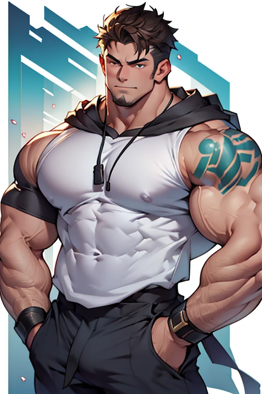 向观众炫耀Thick arms，Dissemination，Eyes look at the audience，Thick arms，Highest image quality，Men，Showing shoulders and arms，1 boy，young and beautiful，exhibit，Brown hair，Short straight hair，Dark Skin，cartoon，cartoon壁纸，Solitary，Male focus，Chest muscle expansion, best quality，The feeling of youth，Upper Body，(exhibit他muscular)，（Abstract Background),(Hands in pockets)，sideways，Sharp eyes，(Bottom-up view)，shoulder width，Muscles protrude a lot，Highest image quality，Look at it from a low angle ，The protagonist is wearing a hooded jacket，cartoon壁纸，Chest muscle expansion, best quality)，((Exaggerated muscle bulge))，The protagonist is tall，muscular and bulky, muscular characters, Great and cool, tall and muscular, muscular!!, Very strong, muscular， men, Huge muscles, Big Muscle, Muscle Man, cartoon帅气的男人, muscular!, Huge muscles, muscular bodies，(Photo from bottom to top) (Highest quality images) ，Close-up photos ,real, young, Crotch protrusion, cartoon人物, Male face, bonito rosto young, Huge pectoral muscles, 大腿muscular, Biceps tendon, Huge body, High-intensity training makes your body more fit, muscular, 8 Pack Abs,  Radiant Skin,（Hands in pockets），Thick Legs，Half-length photo，The character is a burly man，Surrealistic pattern，Dynamic Action，Exaggerated deformation，The overall picture highlights his well-developed shoulders and pectoralis major muscles，Light from above， Muscular，Upper Body，Clothes show shoulders，Tattoo，Clean face，（Hands in pockets），Lift his head，Keep your eyes open（Hands in pockets），（Hands in pockets），（Hands in pockets），（Hands in pockets），（Hands in pockets），（Hands in pockets），（Hands in pockets），（Hands in pockets），