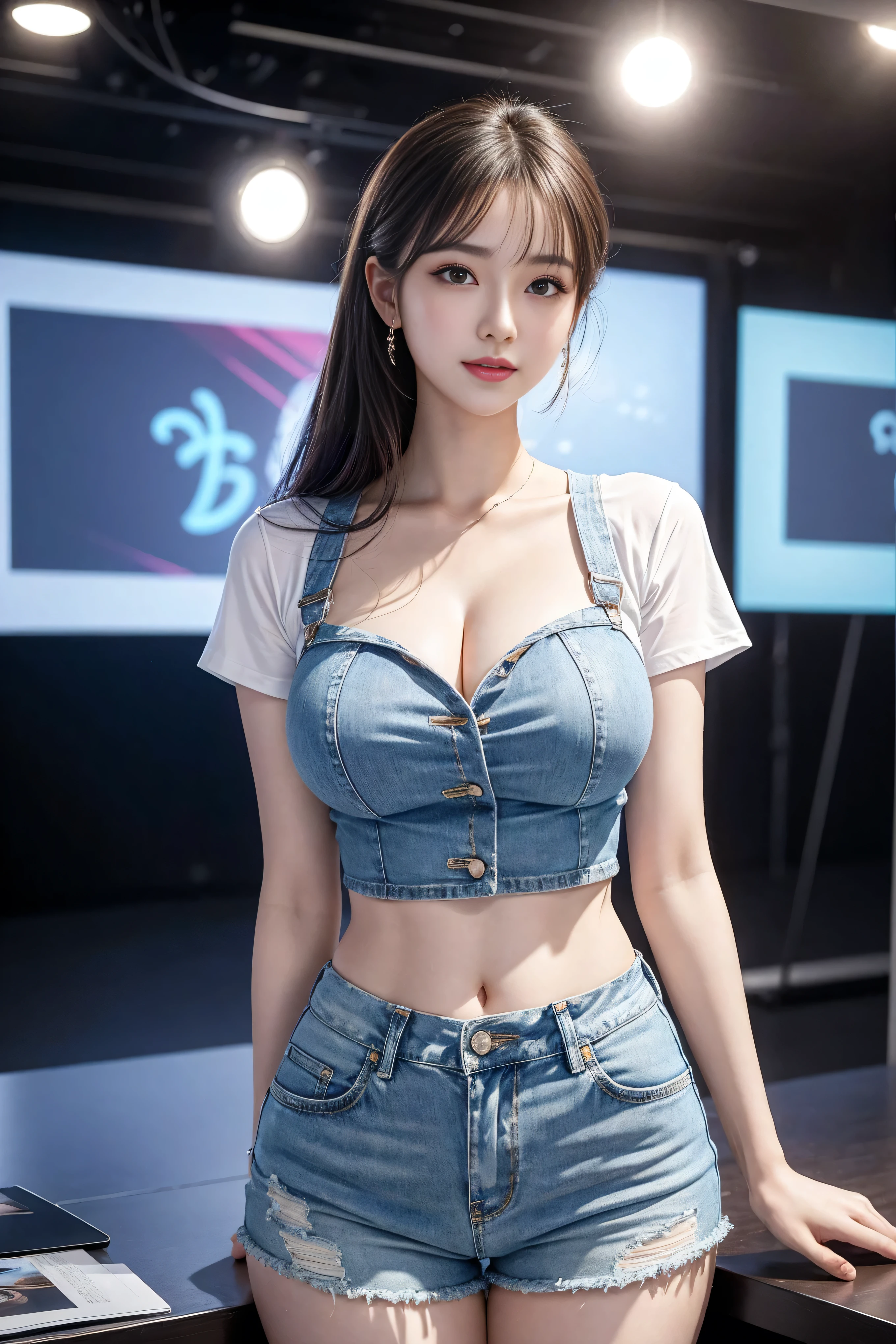 8K, masterpiece, RAW photos, Best quality, Realistically, Extremely detailed CG unified 8K, 8K, diamond, and wallpaper, Depth of Field, light, lens flare, Ray Tracing, (Extremely beautiful face, Beautiful lips, beautiful eyes), Delicate face, ((Ultra-delicate skin)) 1 big breasted girl, Beautiful Korean girl, Korean pop idol,1 big breasted girl， Extremely detailed， Surrealism， Highly detailed CG illustrations， Official Art， light， Practical， young beautiful girl， Perfect body， Perfect body， Full view， Perfect body， （Start from below：1.3）， Sexy pose，（：1.0）， Sexy long legs， （Big thigh gap：1.5），Wide hips，confidence， Beautiful and sexy， White short sleeve， Open the abdomen， big, Lightweight denim shorts， S-Shaped Body， Hips lifted，Place in，Obscene pose，Different perspectives，Looking at the audience， (Pale skin), (big eyes),（Smile：0.8），Look Back, Rear Projection,