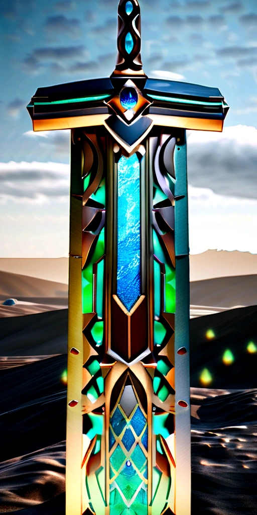 Excalibur, Delicate mango, The sword body is exquisite，well decorated,（((The body of the sword is designed with a blue opal and a light green particle effect shaped pattern..：1.3))), Should, (The sword body is symmetrically decorated:1.3), (The entire Excalibur blade is centered:1.3), Close-up at medium range,（General silhouette:1.3),（Fantastic landscape painting:1.2), Ultra Realistic Photo, super-fine, 8K, Premium wallpapers, the highest picture quality, ..。.。.3D,C4D, tmasterpiece, rendering by octane