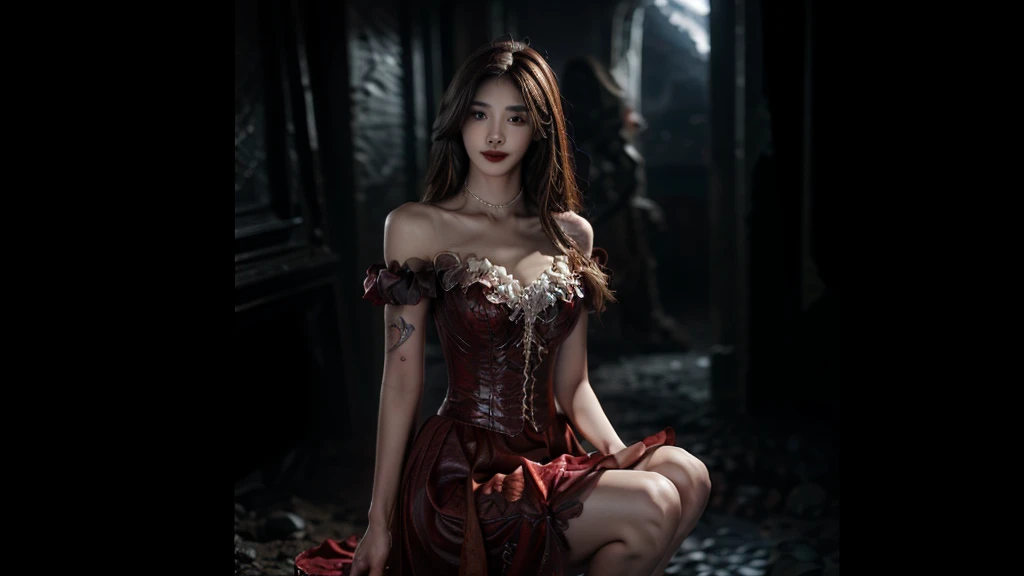 skirt, Beautiful demon woman from hell, (in the darkness: 1.6), 大卫霍克尼和阿尔方斯穆夏的Surreal女性portrait, Fantasy Art, Korean Doll, Photorealism, Dynamic Lighting, Art Station, poster, Volumetric Lighting, Very rich facial details, 8K, in the darkness, Deep Shadows, Low pitch, (Shot in the knee), Long hair, Black Hair, Luxurious Palace, Royal style, Demon Crown, The red eye makeup is very vivid and detailed, The most beautiful face, Normal breast, Surreal, Charming smile, The eye makeup is beautiful, Gurwitz, Devil style, Red-black lips, Devil tattoo on the shoulder, Gloomy weather，Thunder, (portrait), Close-up of the protagonist, (Background details 1.8),