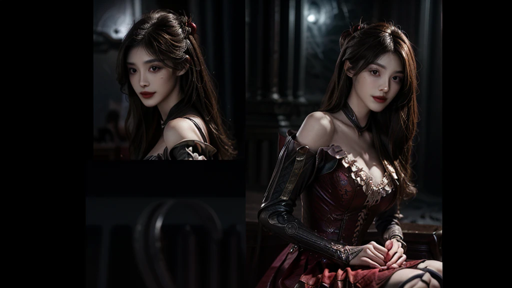 skirt, Beautiful demon woman from hell, (in the darkness: 1.6), 大卫霍克尼和阿尔方斯穆夏的Surreal女性portrait, Fantasy Art, Korean Doll, Photorealism, Dynamic Lighting, Art Station, poster, Volumetric Lighting, Very rich facial details, 8K, in the darkness, Deep Shadows, Low pitch, (Shot in the knee), Long hair, Black Hair, Luxurious Palace, Royal style, Demon Crown, The red eye makeup is very vivid and detailed, The most beautiful face, Normal breast, Surreal, Charming smile, The eye makeup is beautiful, Gurwitz, Devil style, Red-black lips, Devil tattoo on the shoulder, Gloomy weather,Thunder, (portrait), Close-up of the protagonist, (Background details 1.8),