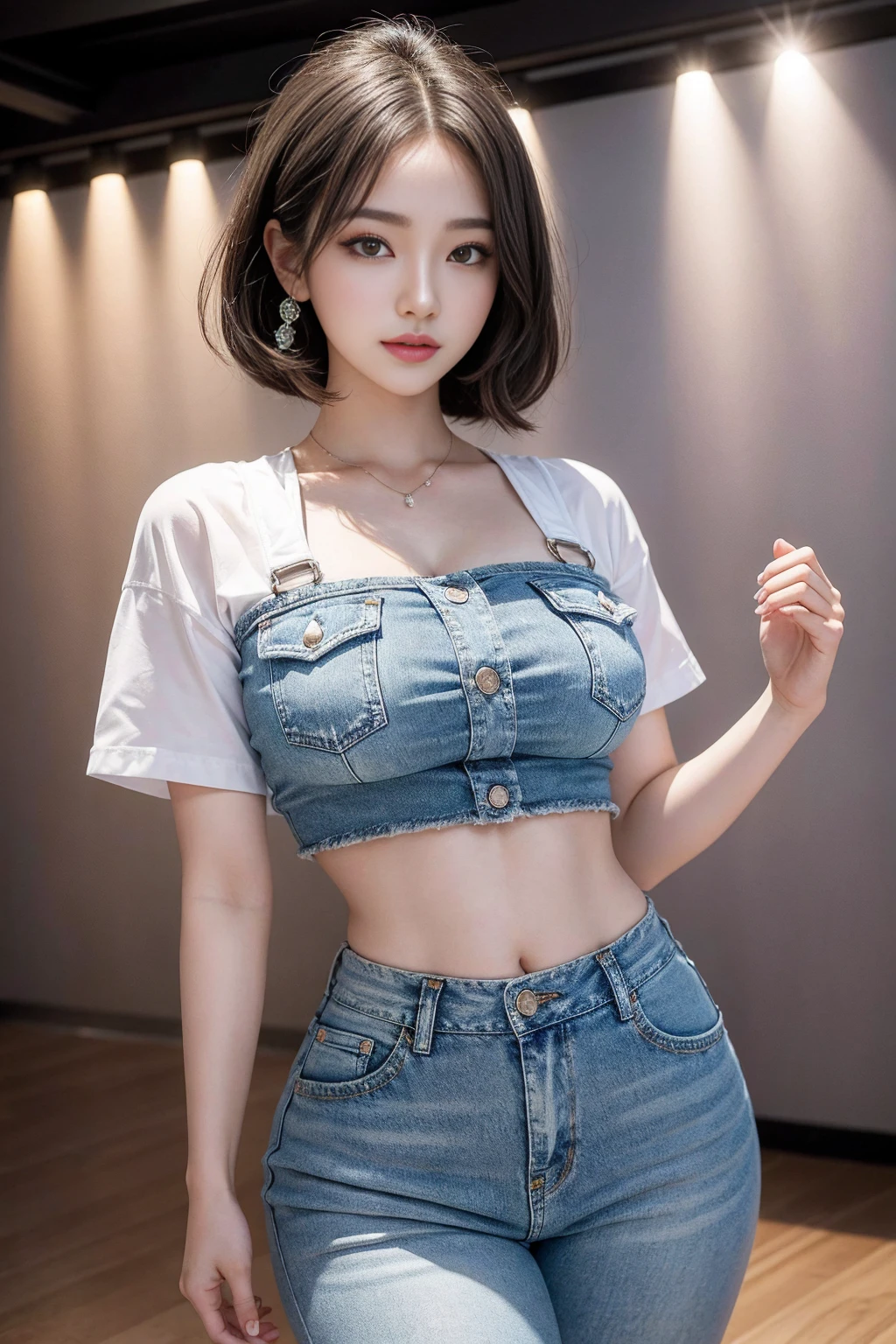 8K, masterpiece, RAW photos, Best quality, Realistically, Extremely detailed CG unified 8K, 8K, diamond, and wallpaper, Depth of Field, light, lens flare, Ray Tracing, (Extremely beautiful face, Beautiful lips, beautiful eyes), Delicate face, ((Ultra-delicate skin)) 1 big breasted girl, Beautiful Korean girl, Korean pop idol,1 big breasted girl, Extremely detailed, Surrealism, Highly detailed CG illustrations, Official Art, light, Practical, Young beautiful girl, Perfect body, Perfect body, Full view, Perfect body, (Start from below:1.3), Sexy pose,(:1.0), Sexy long legs, (big腿间隙:1.5),Wide hips,confidence, Beautiful and sexy, White short sleeve, Open the abdomen, big, Lightweight denim shorts, S-Shaped Body, Hips lifted,Place in,Obscene pose,Different perspectives,Looking at the audience, (Pale skin), (big眼睛),(Smile:0.8),Look Back, Rear Projection,