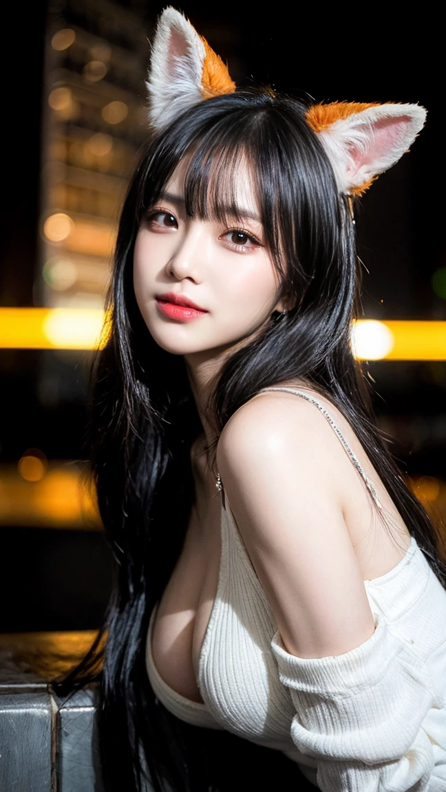 最high quality, masterpiece, 32k、Very detailed、Realistic、1 Girl, Korean women、K-popアイドル、She leans forward and strikes a sexy pose、Emphasizes the chest.、Cute face, (photo Actual:1.3),Bob Hair(Black hair color、Black Hair)、Edge lighting, (Skin with attention to detail:1.2), 8K超High resolution, Single-lens reflex camera, high quality, High resolution, 4K, 8K, Optimal ratio of four fingers to one thumb, (Actual:1.3), cute 1 Girl, Realistic、Super Realistic、32k、Very detailed、masterpiece, 最high quality, beautiful girl, beauty、Gorgeous girl, Big Breasts,Big Breasts、Big Breasts、Big Ass, Tight waist, Spread your legs, Plenty of facial detail, セクシーなcyber punkのコスチューム, cyber punk, Yellow very long hair, City of the Future, hologram, Neon lighting, Very detailedな, High resolution, masterpiece, high quality, High resolution, Fox Ears,