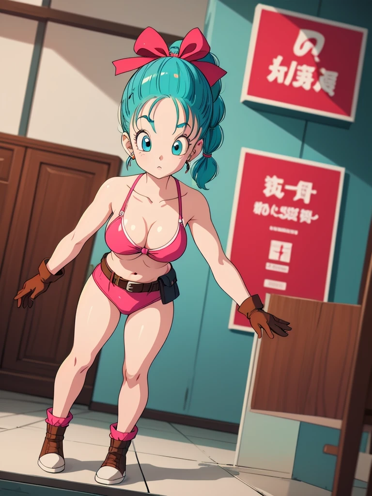 (masterpiece, best quality), 1girl, bulma, 1girl, solo, blue eyes, blue hair, aqua hair, single braid, braided ponytail, hair ribbon, red ribbon, hair bow, earrings,belt,brown gloves, full body, huge breast, bikiny color pink sexy small