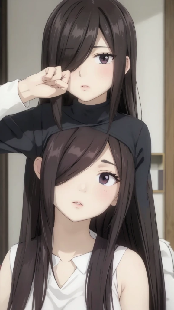 Cute ,chubby cheek,realistic skin ,realistic breast, saggy breast, nipple out,muted colours, cold lighting, pale white skin, mature women,black hair, long hair, (hair over one eye:1.4), Messy hair,straight hair,hair between eyes ,sleepy eyes ,beautiful,pucker lips,charm,pubic hair pussy,dense pubic hair, cute shy blush on