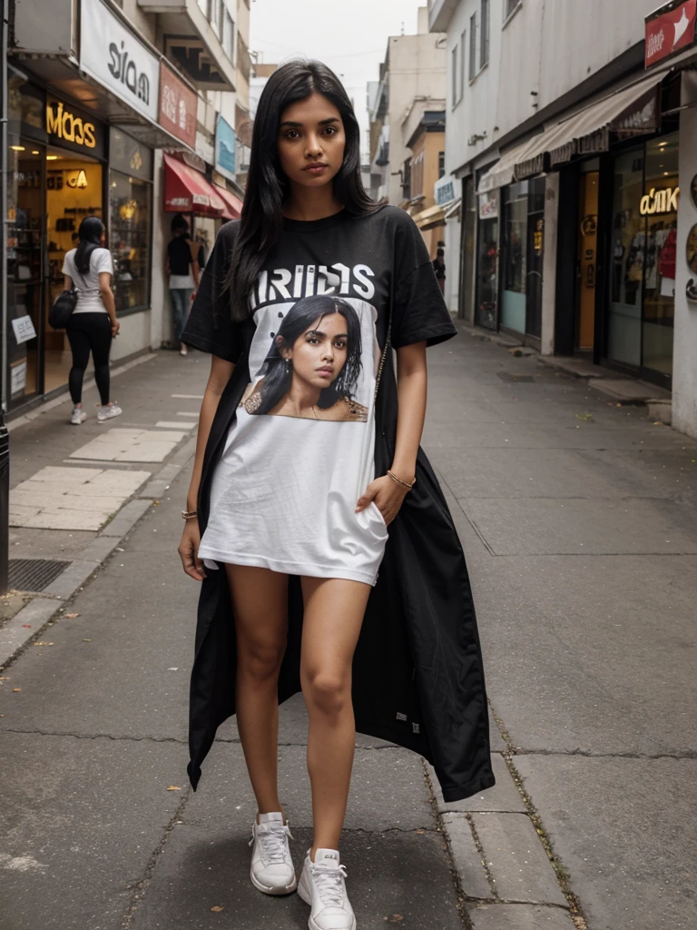 A indian gril black hair drees hip hop t shirt and long hip hop jens and adidas shoes at shoping mole in haydrabad single photo
