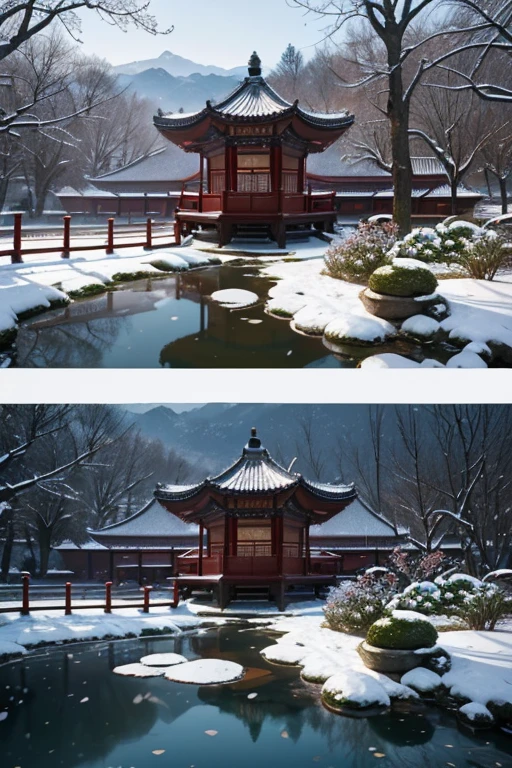 A beautiful detailed peach blossom garden in ancient China, lush peach trees in full bloom, intricate stone bridges, serene ponds with lotus flowers, exquisite traditional Chinese architecture, ancient scholars strolling through the garden, It's snowing , Snow covered the ground (best quality,4k,8k,highres,masterpiece:1.2),ultra-detailed,(realistic,photorealistic,photo-realistic:1.37),HDR,UHD,studio lighting,ultra-fine painting,sharp focus,physically-based rendering,extreme detail description,professional,vivid colors,bokeh,landscape,intricate details,cinematic ,cool color palette