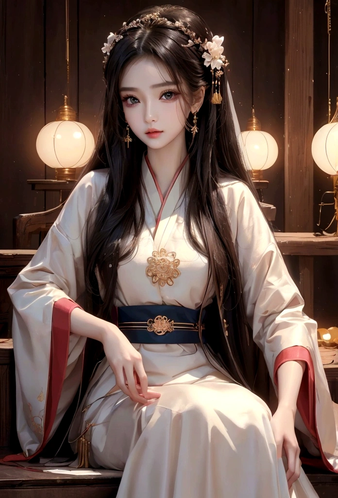 Best image quality、8K、masterpiece:1.3))、Realistic high-quality photos、Highest quality、 Beautiful face、Photos of slim models、Beautiful girl model、Young and pretty face、Beautiful model girl、A lovely and delicate face、Black Hair、Beautiful brown eyes、Young Body、Hanfu, (emphasize)、from the front、Camera gaze、Model pose、Five fingers、Perfect Fingers