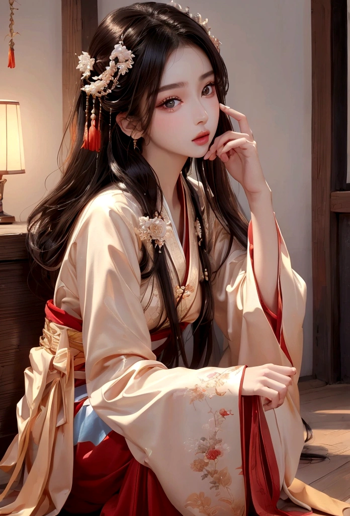 Best image quality、8K、masterpiece：1.3))、Realistic high-quality photos、Highest quality、 Beautiful face、Photos of slim models、Beautiful girl model、Young and pretty face、Beautiful model girl、A lovely and delicate face、Black Hair、Beautiful brown eyes、Young Body、Hanfu, (emphasize)、from the front、Camera gaze、Model pose、Five fingers、Perfect Fingers