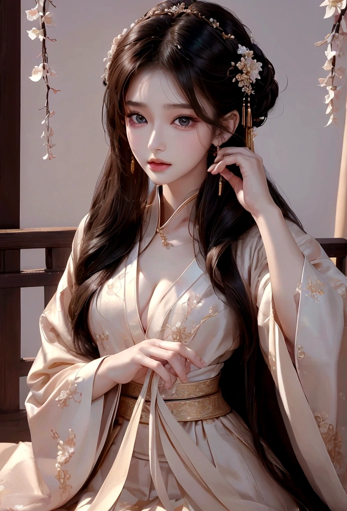 Best image quality、8K、masterpiece:1.3))、Realistic high-quality photos、Highest quality、 Beautiful face、Photos of slim models、Beautiful girl model、Young and pretty face、Beautiful model girl、A lovely and delicate face、Black Hair、Beautiful brown eyes、Young Body、Hanfu, (emphasize)、from the front、Camera gaze、Model pose、Five fingers、Perfect Fingers