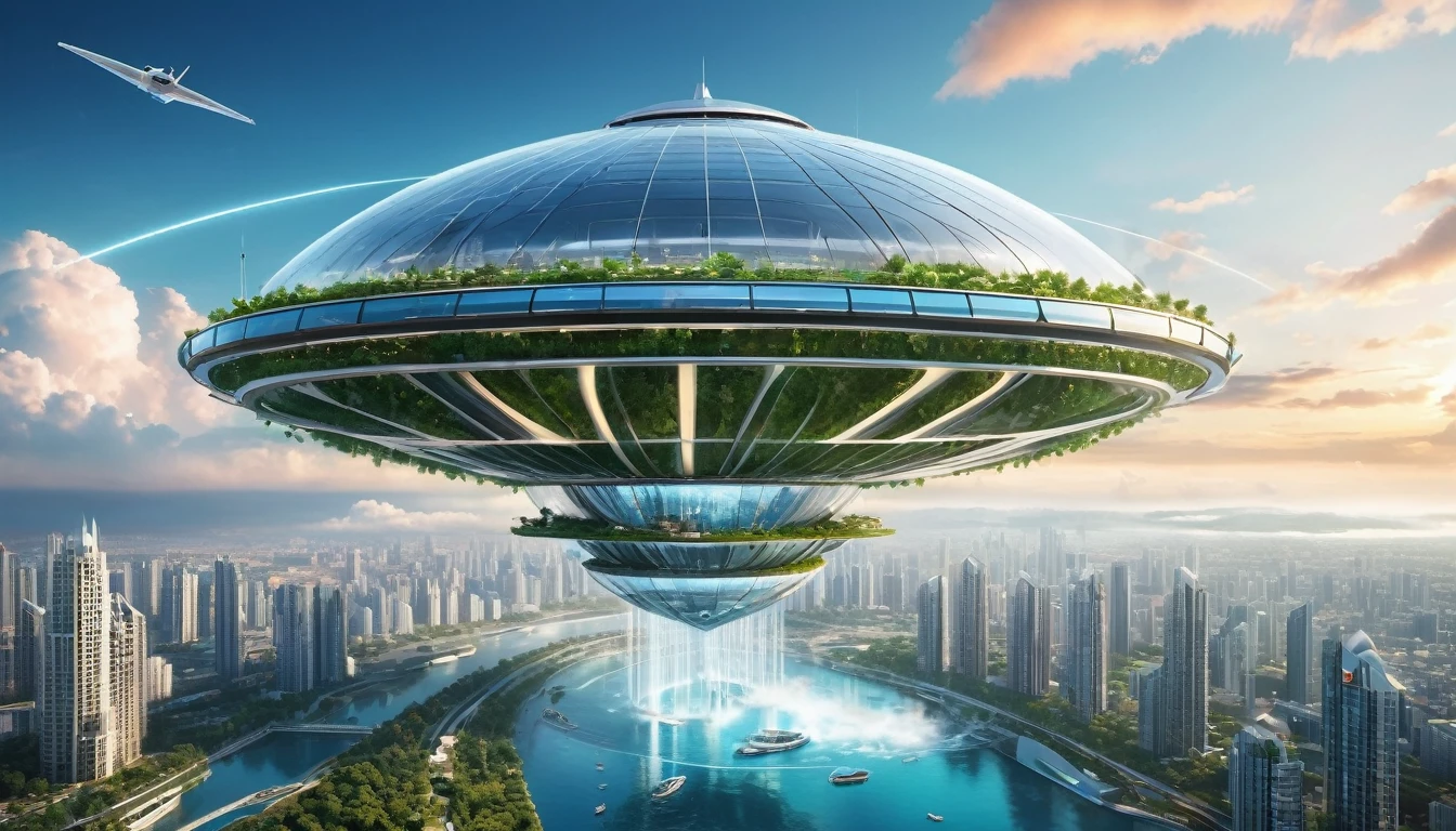 (Best quality,4K,8K,A high resolution,Masterpiece:1.2),Ultra-detailed,(Realistic,Photorealistic,photo-realistic:1.37),Futuristic floating city,Futuristic technology,Huge urban high-tech tablet platform,Airship,Floating in the sky,Futuristic city,Small airships around,High-tech hemispherical platform,Colorful lights,Advanced architecture,modernn architecture,skyscrapper,Access the cloud,Scenic beauty,view over city,Impressive design,Blend seamlessly with nature,energetic and vibrant atmosphere,Futuristic transportation system,Parking is suspended,Transparent path,Lush greenery,Sky gardens,cascading waterfalls,Magnificent skyline,reflections on the water,Sparkling river,Architectural innovation,futuristic skyscrapers,Transparent dome,The shape of the building is unusual,Elevated walkway,Impressive skyline,Glowing lights,Futuristic technology,Minimalist design,Scenic spots,Panoramic view,Cloud Piercing Tower,Vibrant colors,epic sunrise,epic sunset,Dazzling light display,magical ambiance,The future city,Urban Utopia,LuxuryLifestyle,Innovative energy,sustainable development,Smart city technology,Advanced infrastructure,Tranquil atmosphere,Nature and technology live in harmony,Awesome cityscape,Unprecedented urban planning,Architecture connects seamlessly with nature,High-tech metropolis,A cutting-edge engineering marvel,The future of urban living,Visionary architectural concept,Energy-efficient buildings,Harmony with the environment,A city floating above the clouds,Utopian dreams become reality,The possibilities are endless,State-of-the-art transportation network,Green energy integration,Innovative materials,Impressive holographic display,Advanced communication system,Breathtaking aerial view,Quiet and peaceful environment,Modernist aesthetics,Ethereal beauty
